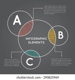 Infographics overlapping circles with A B C on  grey background.  