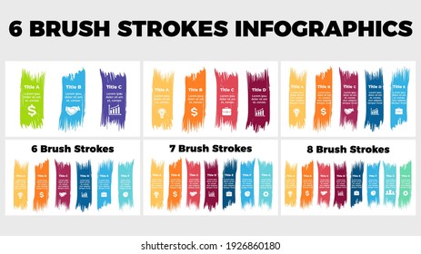 Infographics Pack for 3, 4, 5, 6, 7, 8 steps, options. Color brush strokes. Presentation slide template. Creative banners elements. 