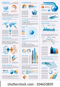 infographics page with a lot of design elements like chart, globe, icons, graphics, maps, cakes, human shapes and so on. Ideal for business analisys rapresentation.