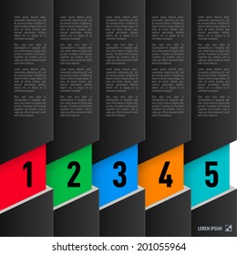 Infographics in paper style with black columns and colored numbered items from one to five