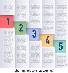 Infographics in paper style with descending colored numbered items from one to five