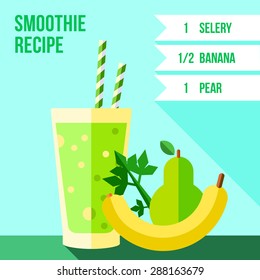 Infographics of pear, celery and banana smoothie recipe. Menu element for cafe or restaurant. Fresh juice for healthy life.