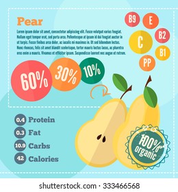 Infographics pear and vitamins in flat style. Vector illustration for shops, market place and food banners. 