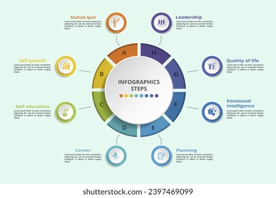 Infografiken mit den Symbolen des Themas Personal Growth, 10 Schritte. Wie Status quo, Selbstwachstum, Selbstbildung, Karriere und mehr.