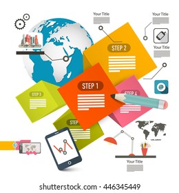 Infographics Perspective Design. Vector Infographic Layout with Technology Items, Globe and Icons.