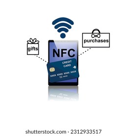 Infographics with phone and NFC. Mobile phone, NFC mobile phone payment smartphone, icon for apps and websites. Payments online infographics. Buy online gifts and purchases with NFC. Illustration.