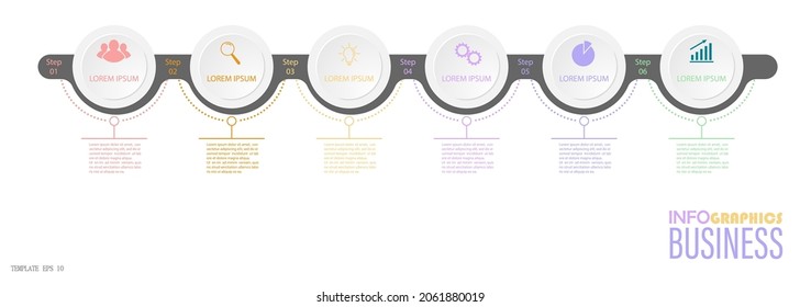 Infographics with pictograms. Template of 6 stages of business, training, marketing or financial success. Vector illustration