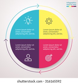 Infographics, pie chart, graph, diagram with 4 steps, options, parts, processes with arrows. Vector business template for presentation and training.