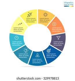 Infographics, pie chart, graph, diagram with 9 steps, options, parts, processes. Vector business template in blue and yellow for presentation.