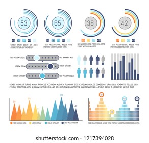 Infographics and pie diagrams with figures data vector. Tables and schemes with people population information. Circles flowcharts and infocharts 