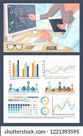 Infographics and pie diagrams, people working on research vector. Tables with numeric data, visualization of report, statistics planning strategy