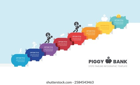 Infographics piggy bank symbol timeline savings business steps to success template. vector illustration.