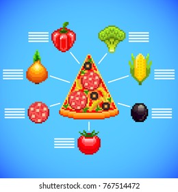 infographics with pizza slice and ingredients around it pixel art on blue background vector template