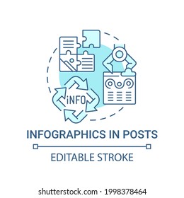 Infografía en el icono de concepto de publicaciones. Las publicaciones virales escriben ilustraciones de línea delgada de idea abstracta. Agregar elementos gráficos y texto mínimo. Dibujo de color de contorno aislado del vector. Trazo editable