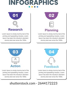 Infographics presentation Design with a four-step plan and graphics elements, designed for presentation and business growth mapping