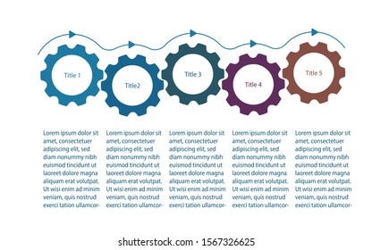 Infographics presentation template with gear cogs or cogwheels. Infographics design with 5 five steps. Five gear cogs demonstrate business process flow. Flat vector illustration