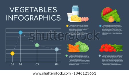 Infographics products on dark background. Dairy products, vegetables, fruits. Fruits and food component: dietary fiber, proteins, fats and carbohydrates. Vector illustration
