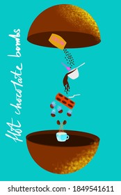 infographics of recipe for hot chocolate bombs on blue background