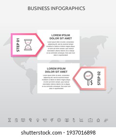 Rectángulo de infografía con 2 pasos, flechas. Plantilla vectorial utilizada para diagrama, negocio, web, banner, diseño de flujo de trabajo, presentaciones, diagrama de flujo