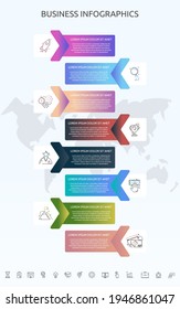 Rectángulo de infografía con ocho flechas, iconos. Plantilla de vector utilizada para el diagrama, web, diseño de flujo de trabajo, diagrama de flujo, gráfico de información, línea de tiempo, contenido, diagrama de procesos