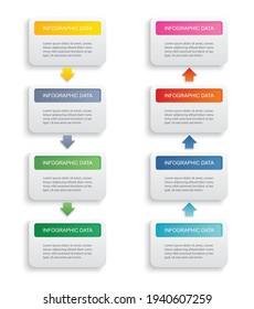 Índice de papel rectangular de infografía con 8 plantillas de datos. Fondo abstracto de ilustración vectorial. Se puede utilizar para diseño de flujo de trabajo, paso de negocio, banner, diseño web.