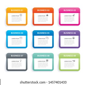 Infographics rectangle paper index with 9 data template. Vector illustration abstract background. Can be used for workflow layout, business step, banner, web design.