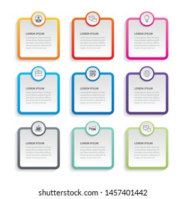 Infographics rectangle paper index with 9 data template. Vector illustration abstract background. Can be used for workflow layout, business step, banner, web design.