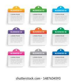Infographics rectangle paper index with 9 data template. Vector illustration abstract background. Can be used for workflow layout, business step, banner, web design.