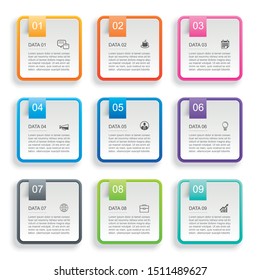 Infographics rectangle paper index with 9 data template. Vector illustration abstract background. Can be used for workflow layout, business step, banner, web design.