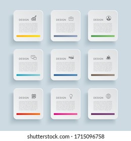 Infographics rectangle paper index with 9 data template. Vector illustration abstract background. Can be used for workflow layout, business step, banner, web design.