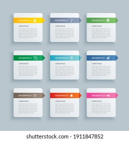 Infographics rectangle paper index with 9 data template. Vector illustration abstract background. Can be used for workflow layout, business step, banner, web design.