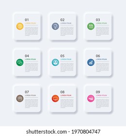 Infographics rectangle paper index with 9 data template. Vector illustration abstract background. Can be used for workflow layout, business step, banner, web design.