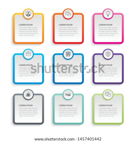 Infographics rectangle paper index with 9 data template. Vector illustration abstract background. Can be used for workflow layout, business step, banner, web design.