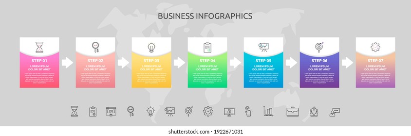 Infographics Rectangle With Seven Steps, Arrows. Vector Template Used For Diagram, Business, Web, Banner, Workflow Layout, Info Graph, Timeline, Content, Levels, Chart, Diagram