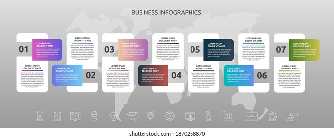 Infographics Rectangle With Seven Steps, Icons. Vector Template Used For Diagram, Business, Web, Banner, Workflow Layout, Flowchart, Info Graph, Timeline, Content, Levels, Chart, Processes Diagram