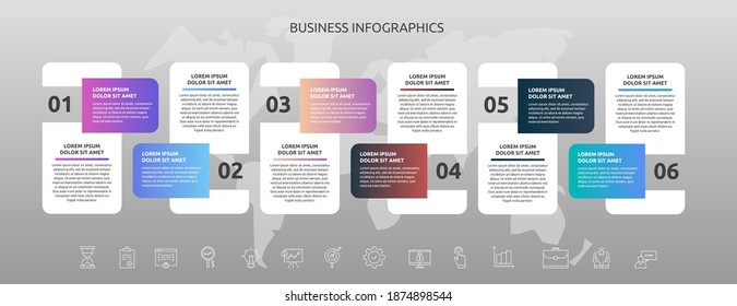 Infographics rectangle with six steps, icons. Vector template used for diagram, business, web, banner, workflow layout, presentations, info graph, timeline, content, levels, chart, processes diagram