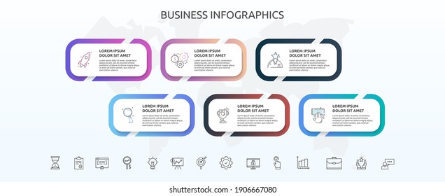 Infographics rectangle with six steps, icons. Vector template used for diagram, business, web, banner, workflow layout, presentations, info graph, timeline, content, levels, chart, processes diagram