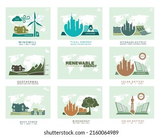 infographics renewable energy earth sun, wind and water. Vector illustration