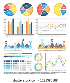 Infographics report on data received in research vector. Business information organized in flowcharts and infographs. Presentation of pie diagrams