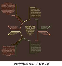 Infographics report template. Different colors lines on dark background and simple text. Vector graphic template