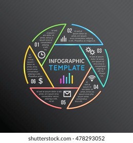 Infographics report template layout circle vector line shape with 6 options, parts, steps, processes. Strategy order structure illustration