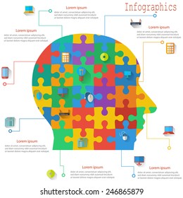 Infographics report templates in the form of the head of the jigsaw puzzle elements. Vector illustration.