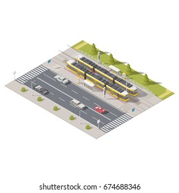 Infografías que representan el lado de la estación de tranvía de la carretera, conjunto de iconos isométricos ilustración vectorial gráfico