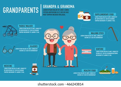 Infographics Retired elderly senior age couple in creative flat vector character design | Grandpa and grandma standing full length smiling