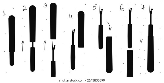 An infographics for ripper with cap. Seven steps of how to open and comfortably use a ripper. Vector flat silhouette illustration. Isolated on white background with black dots.