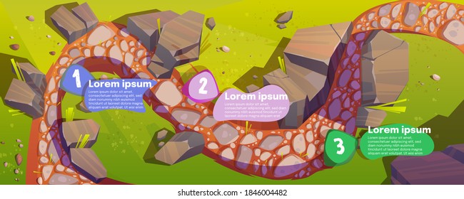 Infographics With Road Top View And Steps Time Line, Curve Way, Rocky Windy Trail With Pebbles, Green Grass And Rocks Along, Valley Scenic Landscape, Hill Path Infographic Cartoon Vector Illustration