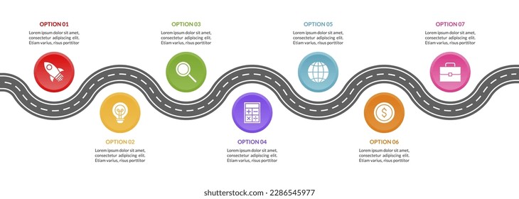 Plantilla de diseño de mapa de ruta de infografías e iconos con 7 opciones o 7 pasos. utilizar como diagrama de procesos de flujo de trabajo, presentación de datos empresariales, diseño de línea de tiempo, hito, pancarta, folleto, diagrama de flujo