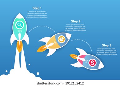 Infographics. Rockets with different charge levels. Stages of a rocket falling due to lack of fuel. Can be used for presentation or websites. Peak and lowest rates. Easy to edit. Data and steps.