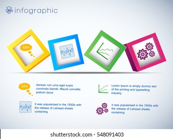 Infographics with row of 3d cubes and icons of charts and setting on white background vector illustration