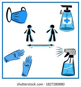 Infographics for a safe distance. The social distance. 1.5 meters. The second wave COVID-19: Social Distancing. Self-isolation at home. Masks, gloves, antiseptics, soap. Hygiene.
